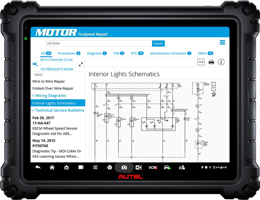 Virtual MOTOR TruSpeed Repair running on Autel tablet